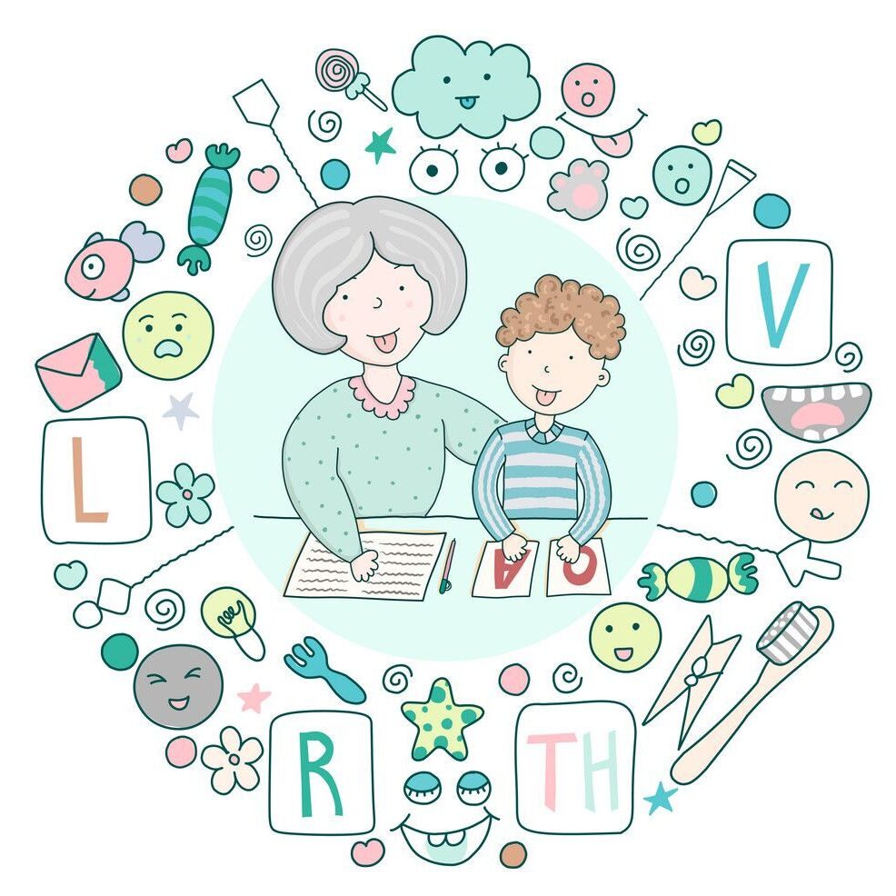 concept speech therapy logo. school speech development. classes with speech therapist and set of cute kawaii icons. staging sounds. children vector illustration in cartoon style